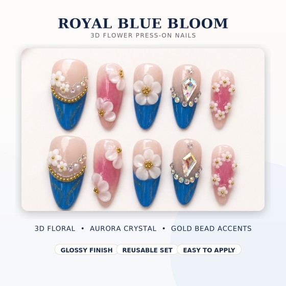 Luxury 3D White Flower Press‑On Nails, Royal Blue French Tips with Aurora Rhinestones & Gold Beads, Medium‑Long Almond False Nails